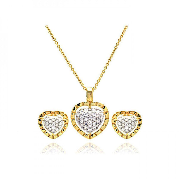 Silver 925 Gold Rhodium Plated Heart CZ Inlay Stud Earring and Necklace Set - STS00175GP | Silver Palace Inc.