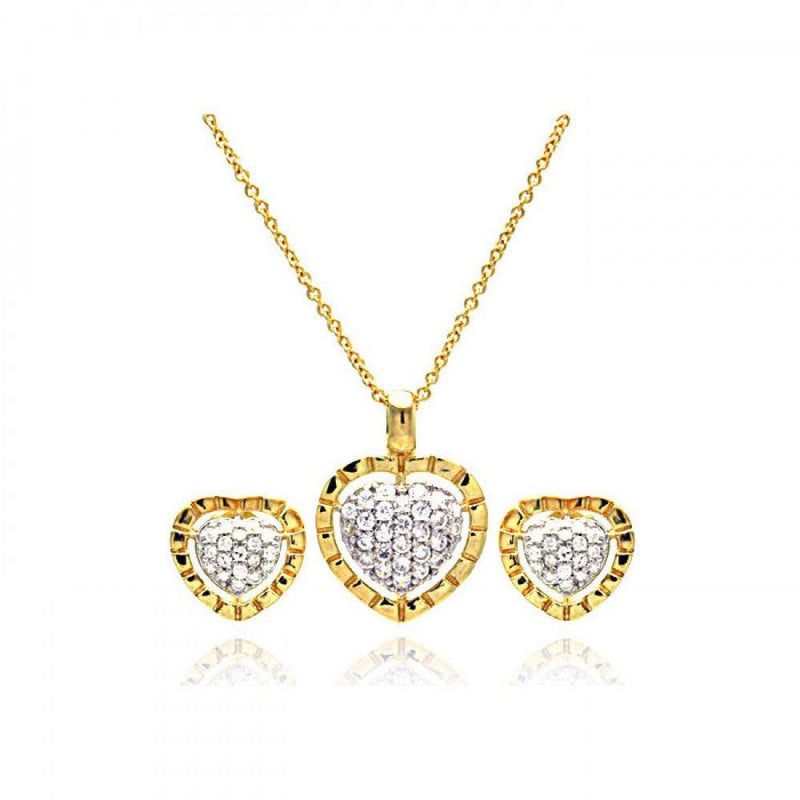 Silver 925 Gold Rhodium Plated Heart CZ Inlay Stud Earring and Necklace Set - STS00175GP | Silver Palace Inc.