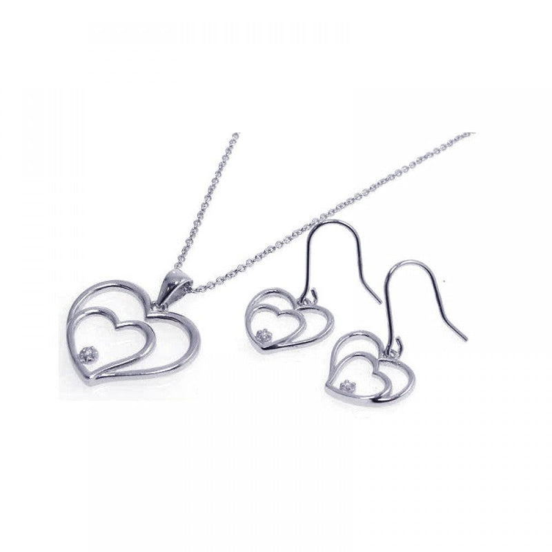 Silver 925 Rhodium Plated Graduated Open Heart CZ Dangling Hook Earring and Necklace Set - STS00176 | Silver Palace Inc.