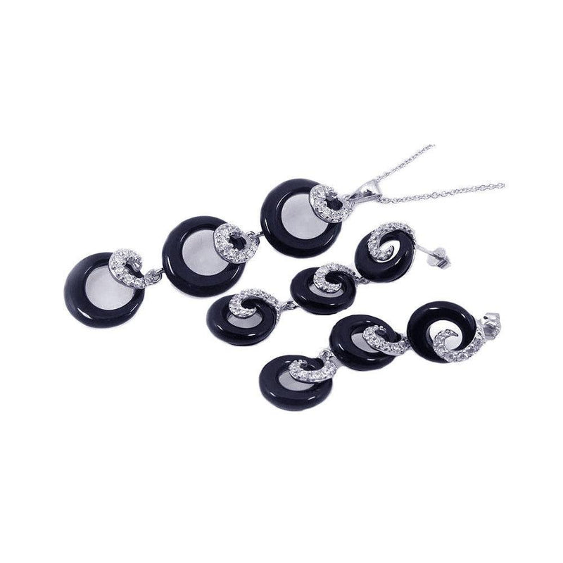 Closeout-Silver 925 Rhodium Plated Multiple Graduated Circle Black Onyx CZ Stud Earring and Necklace Set - STS00177 | Silver Palace Inc.