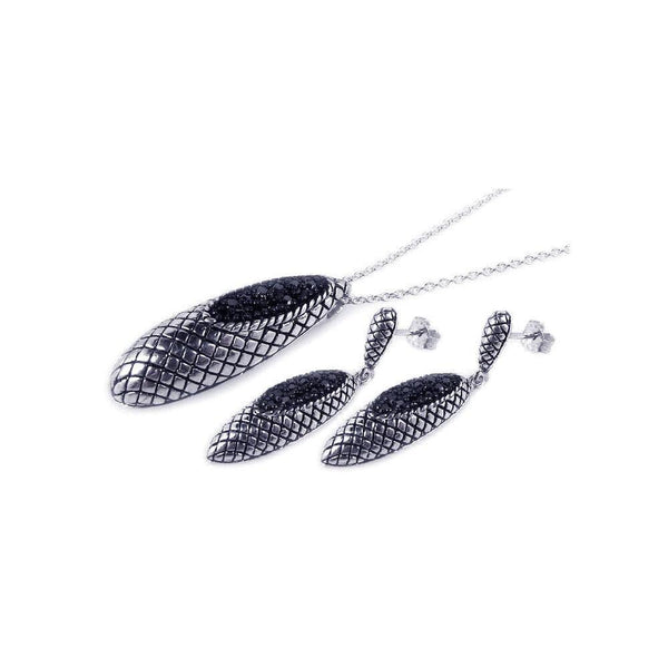 Closeout-Silver 925 Black and Rhodium Plated Oval Teardrop Oxidized Black CZ Inlay Dangling Stud Earring and Necklace Set - STS00182 | Silver Palace Inc.