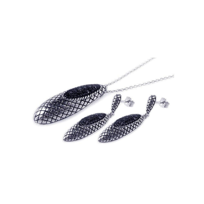 Closeout-Silver 925 Black and Rhodium Plated Oval Teardrop Oxidized Black CZ Inlay Dangling Stud Earring and Necklace Set - STS00182 | Silver Palace Inc.