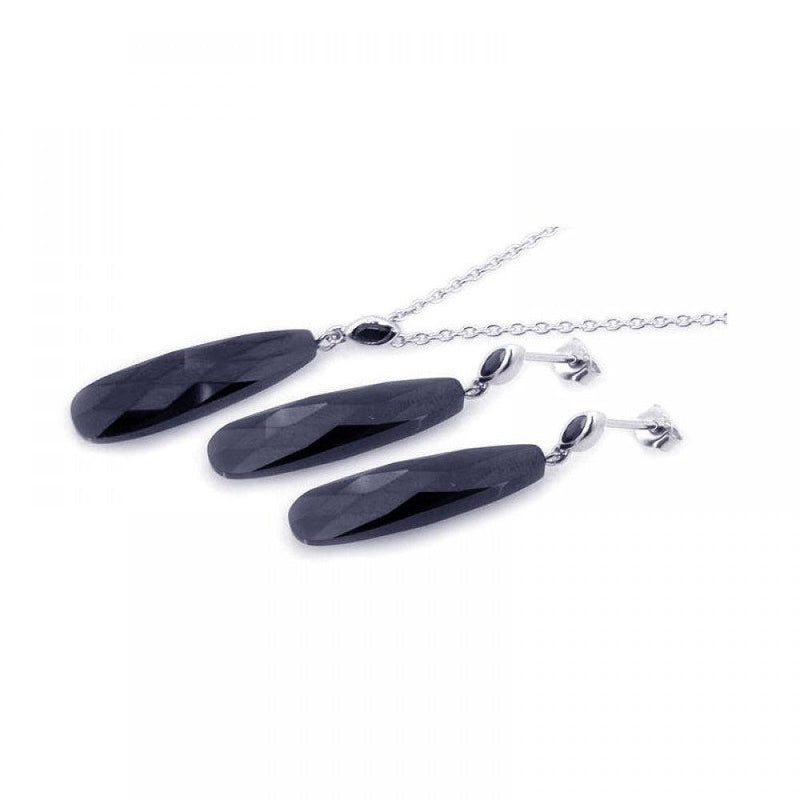 Silver 925 Rhodium Plated Rectangle Teardrop Black CZ Dangling Stud Earring and Necklace Set - STS00202 | Silver Palace Inc.