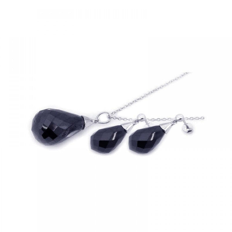 Closeout-Silver 925 Rhodium Plated Squared Teardrop Black CZ Dangling Stud Earring and Necklace Set - STS00205 | Silver Palace Inc.