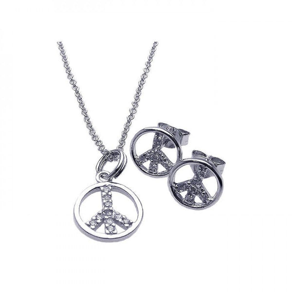 Silver 925 Rhodium Plated Open Peace Sign CZ Stud Earring and Necklace Set - STS00215 | Silver Palace Inc.