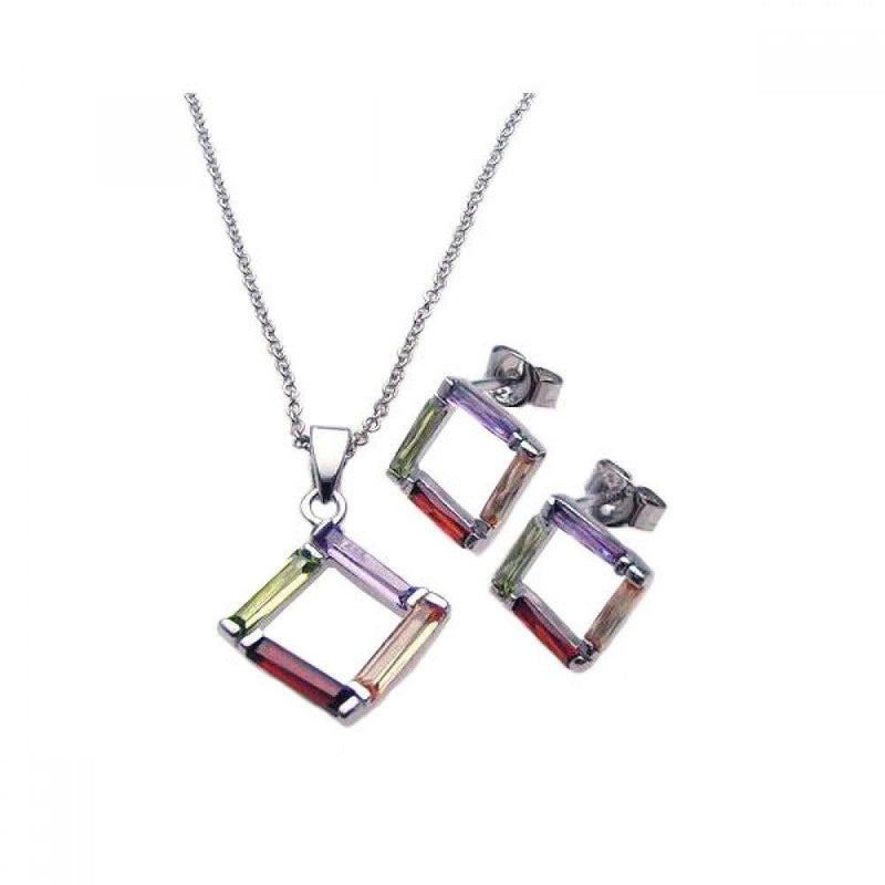 Silver 925 Rhodium Plated Multicolor Open Square CZ Stud Earring and Necklace Set - STS00216 | Silver Palace Inc.