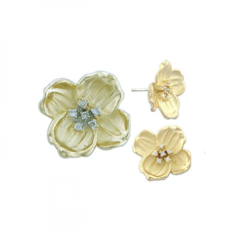 Closeout-Silver 925 Gold Plated Flower CZ Stud Earring and Necklace Set - STS00221 | Silver Palace Inc.