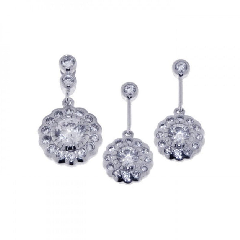Silver 925 Rhodium Plated Flower CZ Dangling Earring and Necklace Set - STS00222 | Silver Palace Inc.