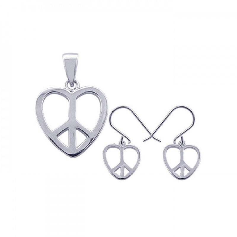 Silver 925 Rhodium Plated Open Heart Peace Sign CZ Dangling Hook Earring and Necklace Set - STS00237 | Silver Palace Inc.