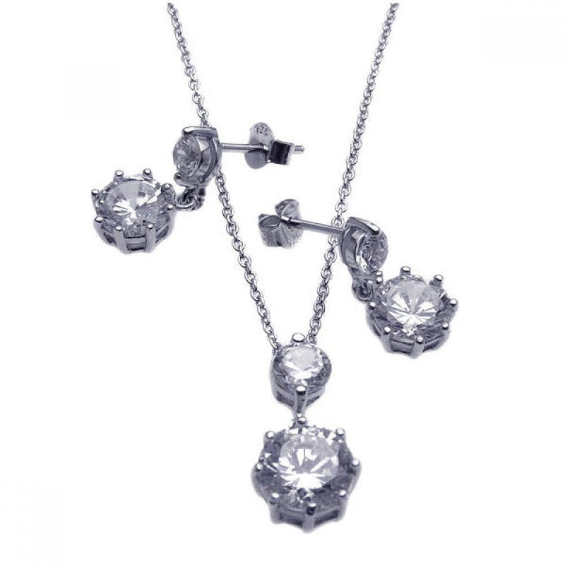 Silver 925 Rhodium Plated Round CZ Dangling Earring and Necklace Set - STS00239 | Silver Palace Inc.