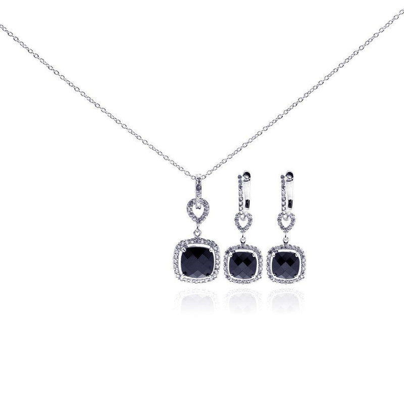 Silver 925 Rhodium Plated Black Square CZ Dangling Earring and Necklace Set - STS00241 | Silver Palace Inc.