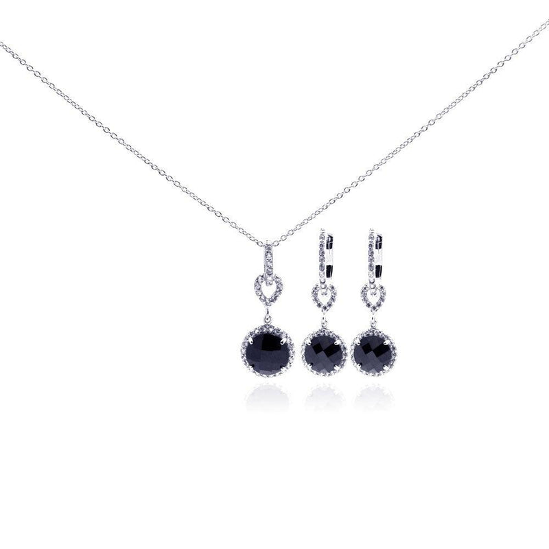 Silver 925 Rhodium Plated Round CZ Dangling Lever Back Earring and Necklace Set - STS00242 | Silver Palace Inc.