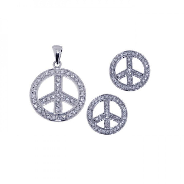 Silver 925 Rhodium Plated Open Circle Peace Sign CZ Earring and Necklace Set - STS00249 | Silver Palace Inc.