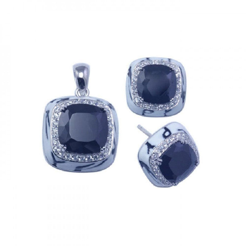Closeout-Silver 925 Rhodium Plated Square Black CZ Stud Earring and Necklace Set - STS00253 | Silver Palace Inc.