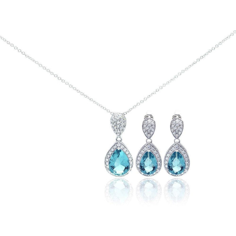Silver 925 Rhodium Plated Blue CZ Dangling Stud Earring and Necklace Set - STS00257BL | Silver Palace Inc.