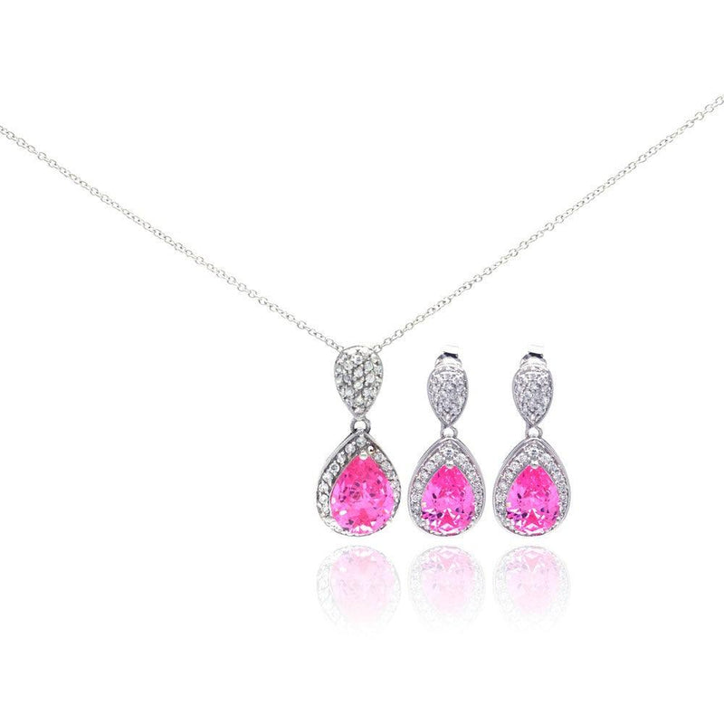 Silver 925 Rhodium Plated Pink Teardrop CZ Dangling Stud Earring and Necklace Set - STS00257-PNK | Silver Palace Inc.
