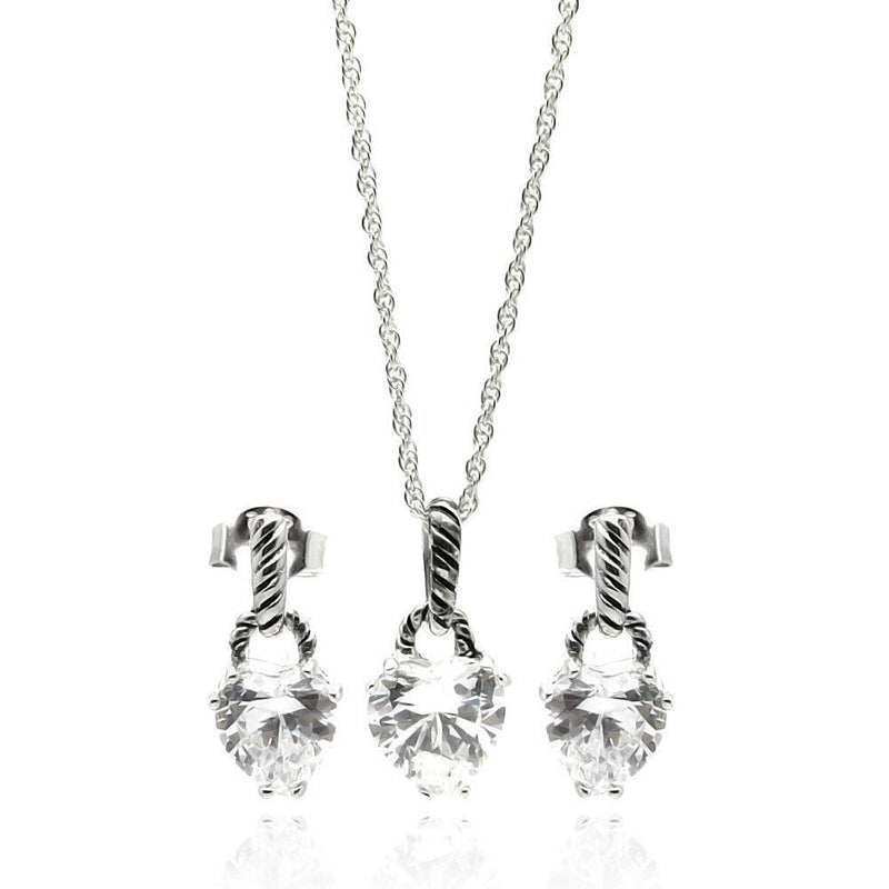 Silver 925 Rhodium Plated Heart CZ Dangling Stud Earring and Necklace Set - STS00261 | Silver Palace Inc.