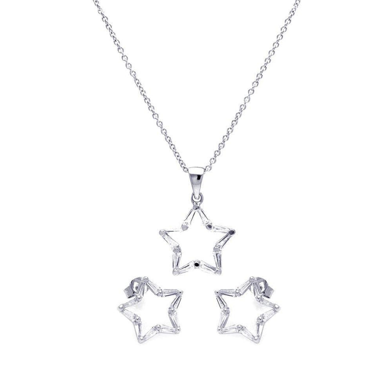 Silver 925 Rhodium Plated Open Star CZ Stud Earring and Necklace Set - STS00266 | Silver Palace Inc.