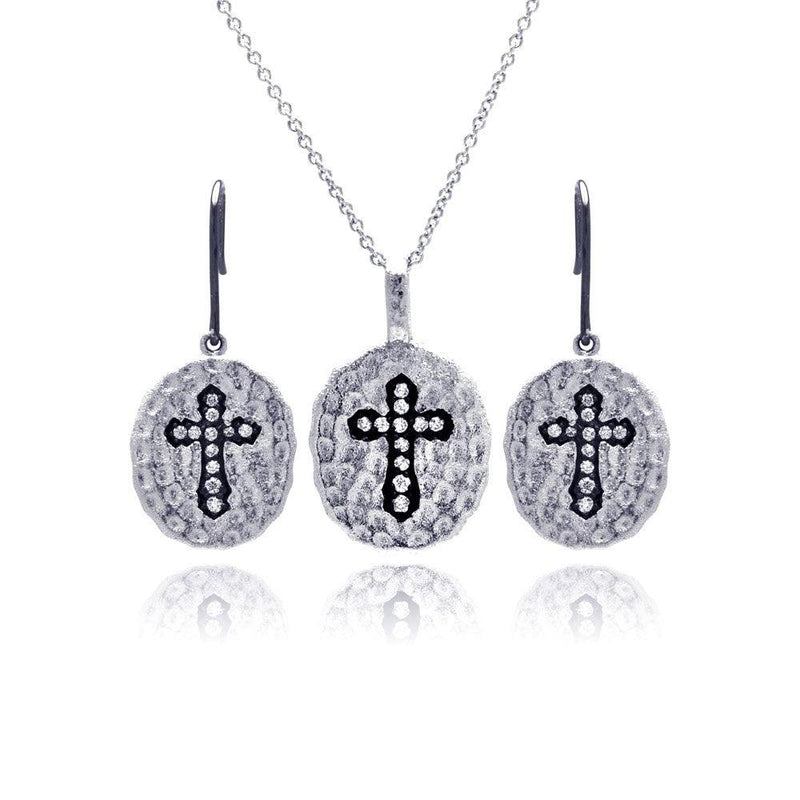 Silver Black and Rhodium Plated Round Black Cross CZ Inlay Dangling Hook Earring and Necklace Set - STS00268 | Silver Palace Inc.