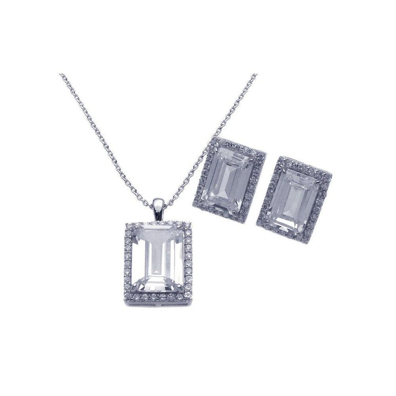 Silver 925 Rhodium Plated Square CZ Stud Earring and Necklace Set - STS00275CLR | Silver Palace Inc.