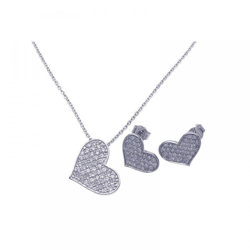 Silver 925 Rhodium Plated Heart CZ Stud Earring and Necklace Set - STS00280 | Silver Palace Inc.