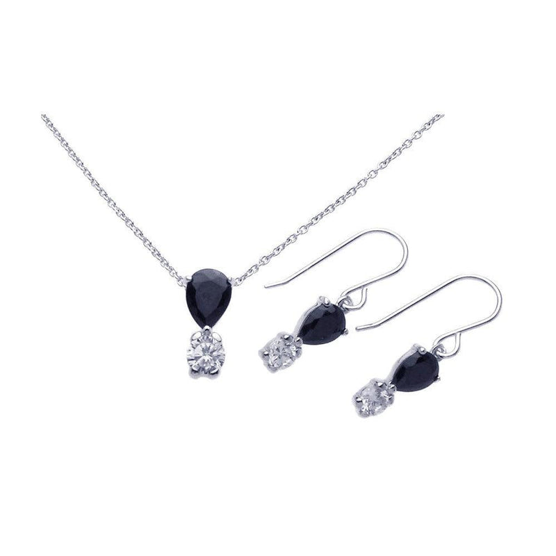 Silver 925 Rhodium Plated Round Teardrop CZ Dangling Hook Earring and Necklace Set - STS00283 | Silver Palace Inc.