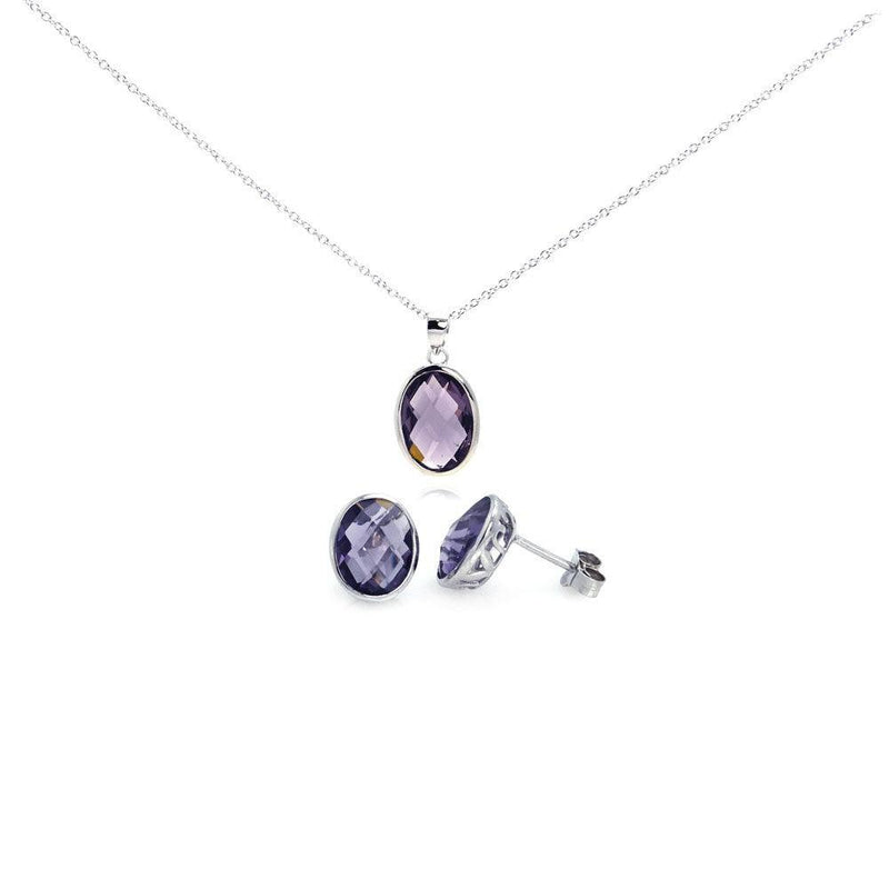 Silver 925 Rhodium Plated Oval Purple CZ Post Earring and Necklace Set - STS00288 | Silver Palace Inc.