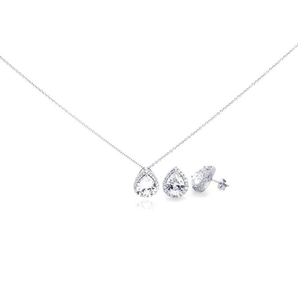 Silver 925 Rhodium Plated Clear Teardrop CZ Stud Earring and Necklace Set - STS00290 | Silver Palace Inc.