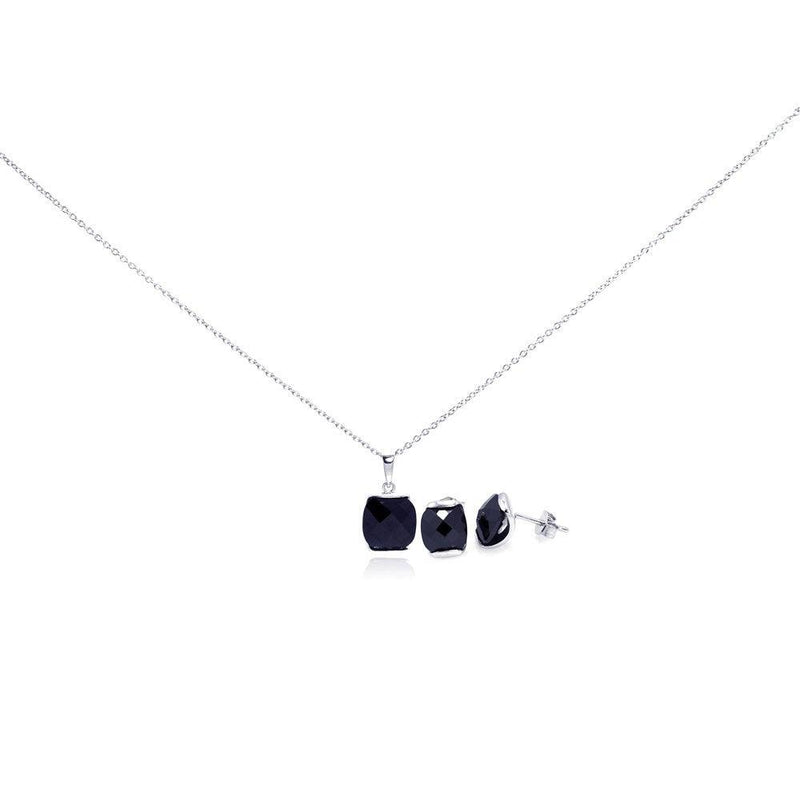 Silver 925 Rhodium Plated Square Black CZ Stud Earring and Necklace Set - STS00291 | Silver Palace Inc.