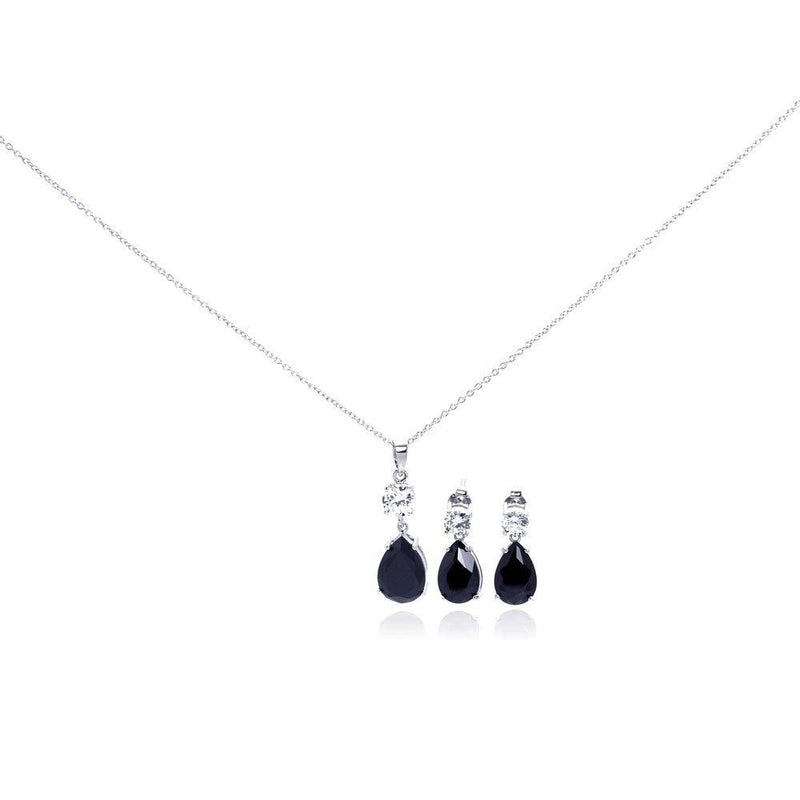 Silver 925 Rhodium Plated Teardrop Black CZ Stud Earring and Necklace Set - STS00293 | Silver Palace Inc.