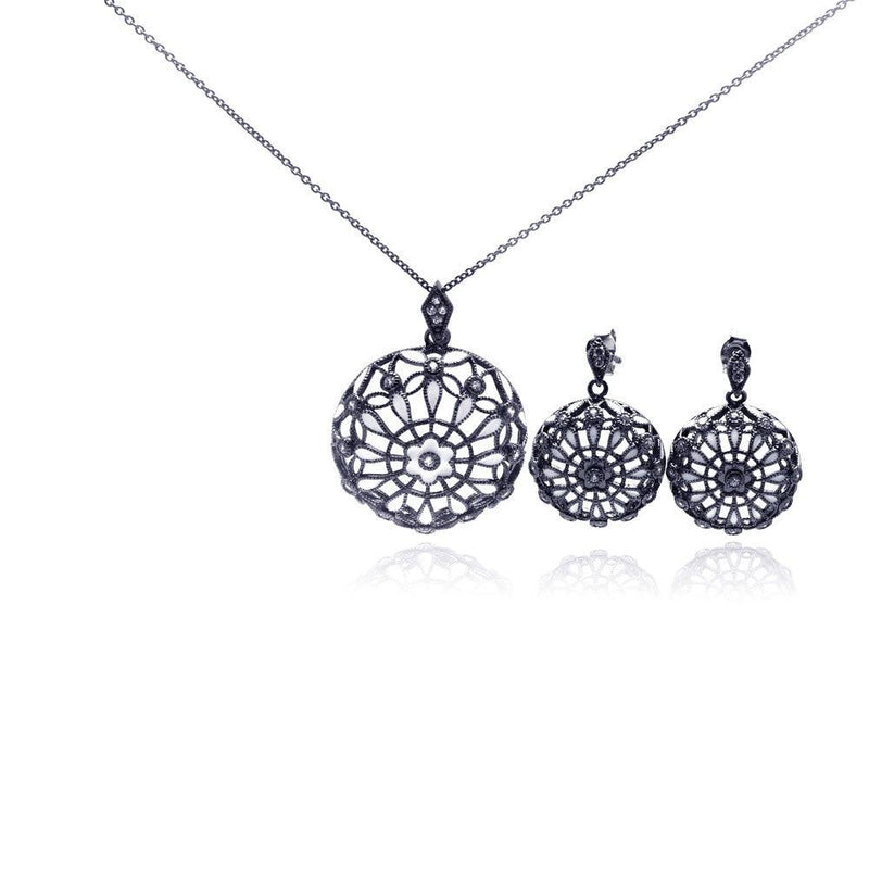 Closeout-Silver 925 Rhodium Plated Flower Round Black CZ Dangling Stud Earring and Necklace Set - STS00294 | Silver Palace Inc.