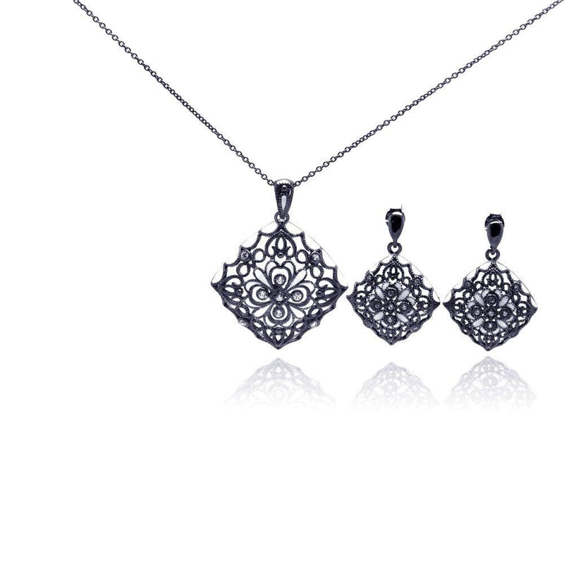 Closeout-Silver 925 Rhodium Plated Flower Black CZ Dangling Earring and Necklace Set - STS00295 | Silver Palace Inc.