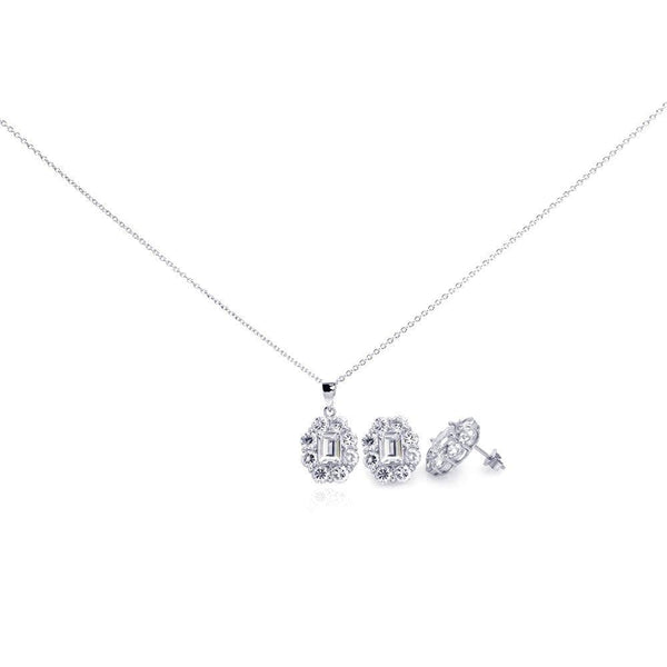 Silver 925 Rhodium Plated Round CZ Stud Earring and Necklace Set - STS00296 | Silver Palace Inc.