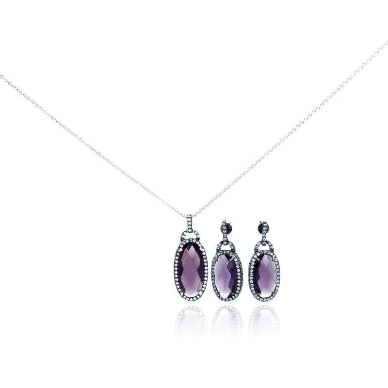Silver 925 Rhodium Plated Oval Purple CZ Dangling Stud Earring and Necklace Set - STS00301 | Silver Palace Inc.