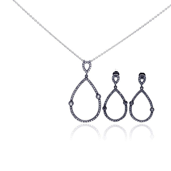Closeout-Silver 925 Rhodium Plated Open Teardrop CZ Dangling Stud Earring and Necklace Set - STS00303 | Silver Palace Inc.