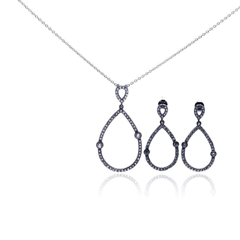 Closeout-Silver 925 Rhodium Plated Open Teardrop CZ Dangling Stud Earring and Necklace Set - STS00303 | Silver Palace Inc.
