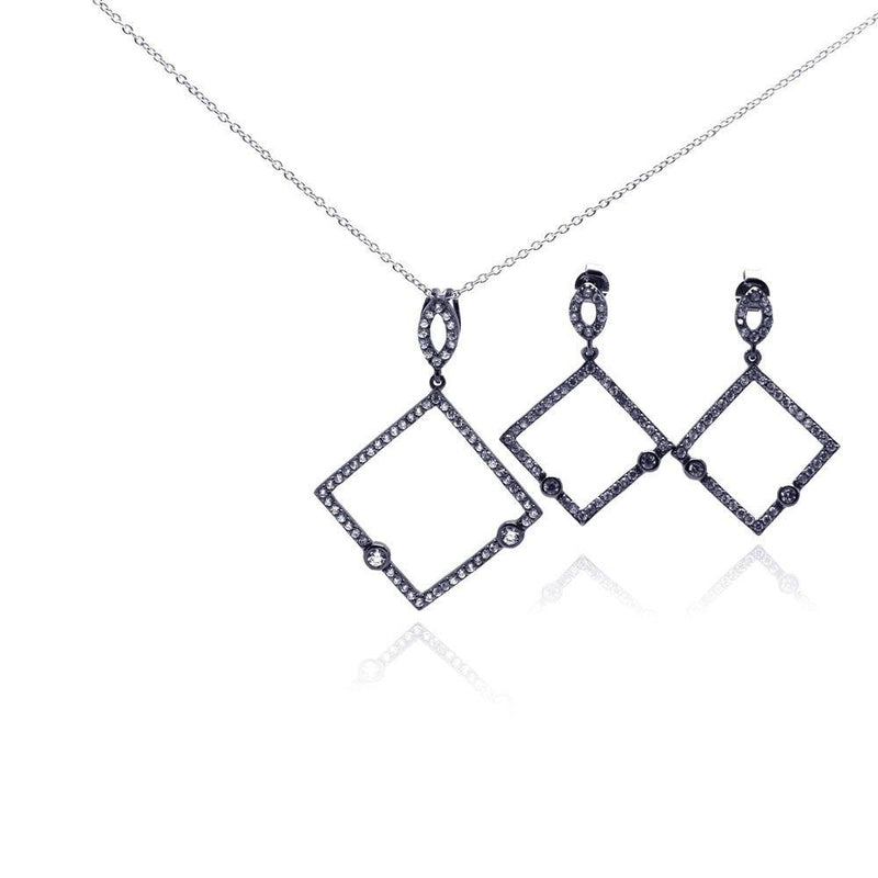 Closeout-Silver 925 Rhodium Plated Open Square Black CZ Dangling Earring and Necklace Set - STS00304 | Silver Palace Inc.