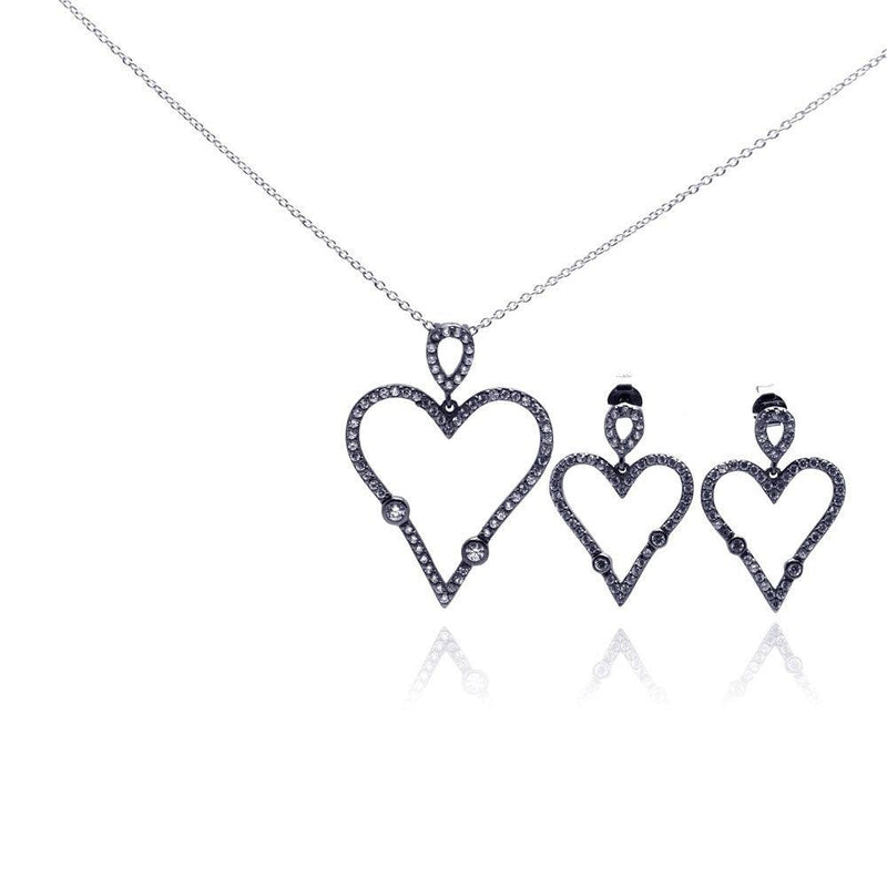 Closeout-Silver 925 Rhodium Plated Open Heart CZ Dangling Stud Earring and Necklace Set - STS00305 | Silver Palace Inc.
