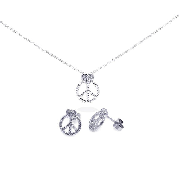 Silver 925 Rhodium Plated Open Peace Sign CZ Stud Earring and Necklace Set - STS00306 | Silver Palace Inc.