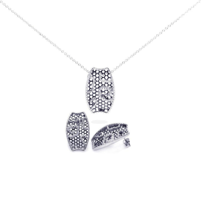 Closeout-Silver 925 Rhodium Plated Mesh Flower CZ Stud Earring and Necklace Set - STS00307 | Silver Palace Inc.