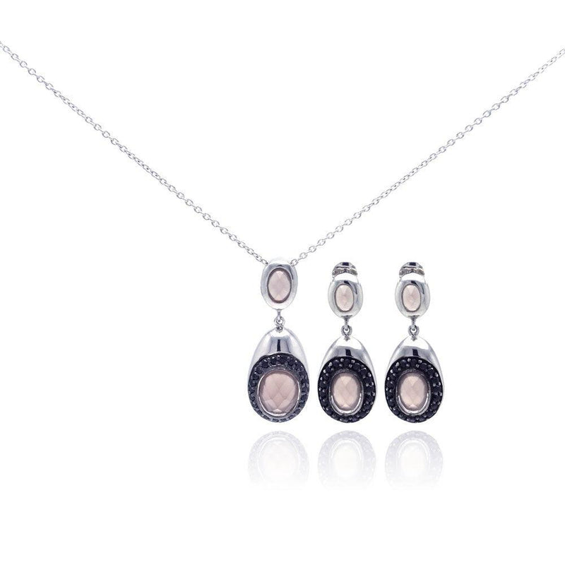 Closeout-Silver 925 Rhodium Plated Teardrop Black CZ Dangling Stud Earring and Necklace Set - STS00312 | Silver Palace Inc.