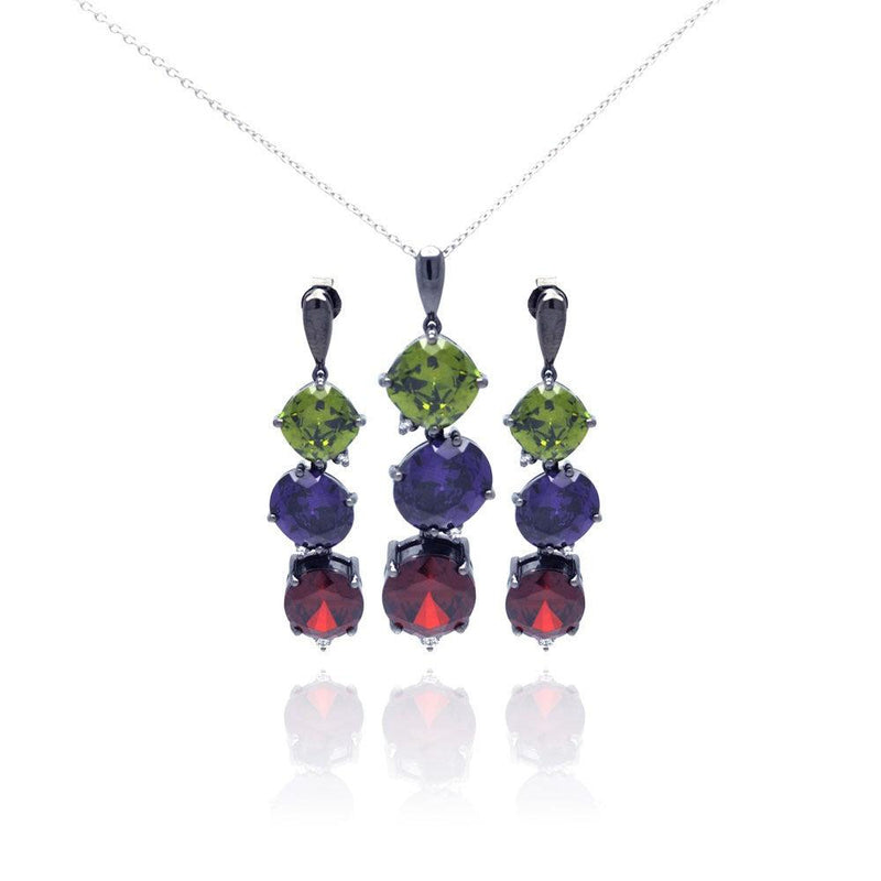 Silver 925 Rhodium Plated Multiple Color Round CZ Dangling Earring and Necklace Set - STS00314 | Silver Palace Inc.