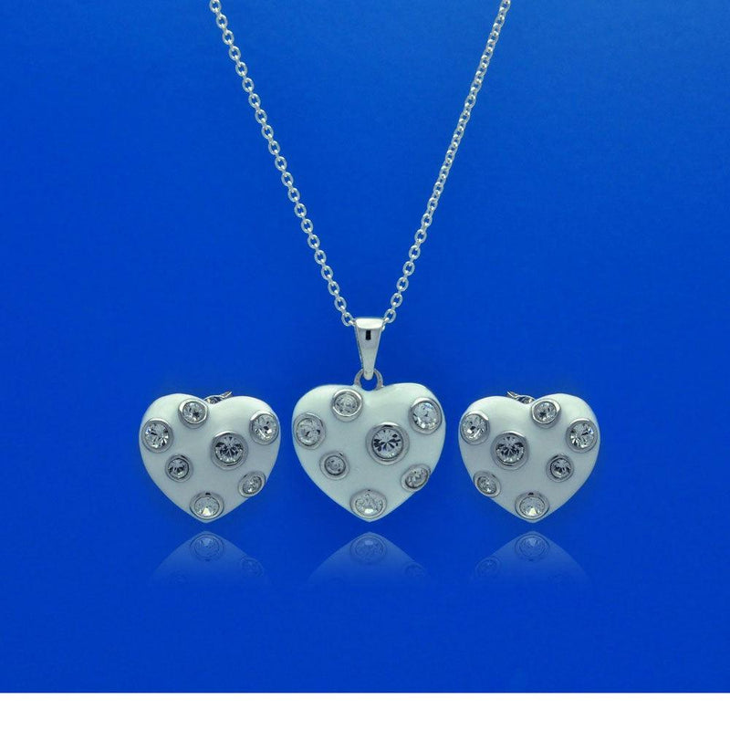 Closeout-Silver 925 Rhodium Plated Heart White Enamel Clear CZ Stud Earring and Necklace Set - STS00315 | Silver Palace Inc.