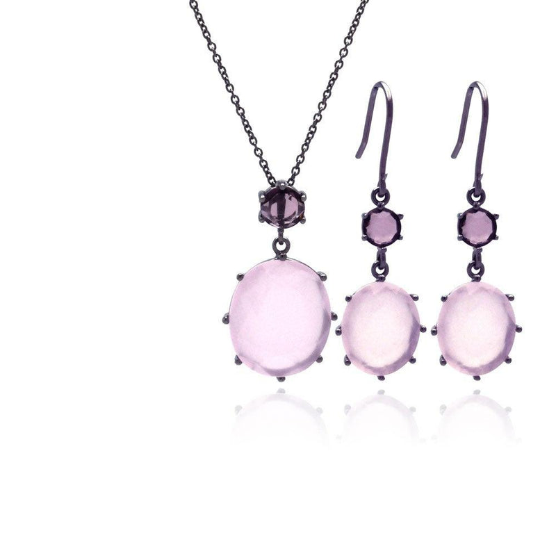 Closeout-Silver 925 Rhodium Plated Light Pink Round CZ Dangling Hook Earring and Necklace Set - STS00320 | Silver Palace Inc.