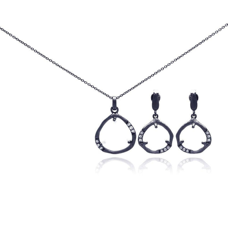 Closeout-Silver 925 Dark Rhodium Plated Open Teardrop CZ Dangling Stud Earring and Necklace Set - STS00322 | Silver Palace Inc.