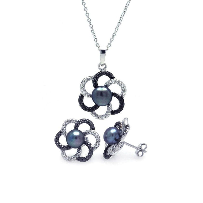 Silver 925 Rhodium Plated 2 Toned Open Flower CZ  Fresh Water Black Pearl Set - STS00338 | Silver Palace Inc.