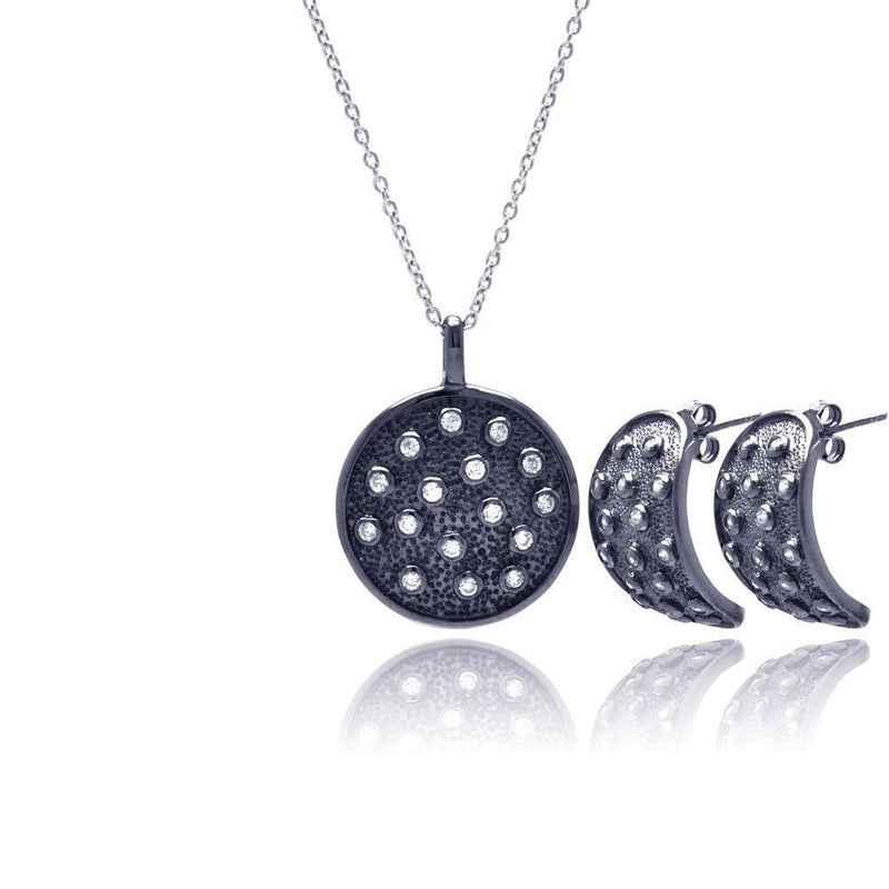 Closeout-Silver 925 Black Rhodium Plated Circle CZ Stud Earring and Necklace Set - STS00341 | Silver Palace Inc.
