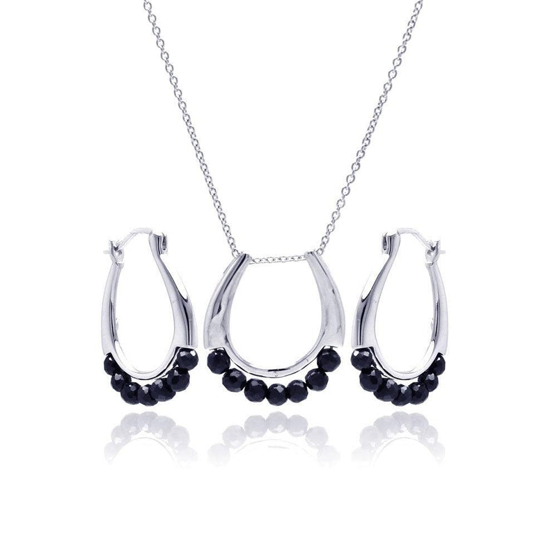 Closeout-Silver 925 Rhodium Plated Open Round Black Ball CZ Hoop Set - STS00345 | Silver Palace Inc.