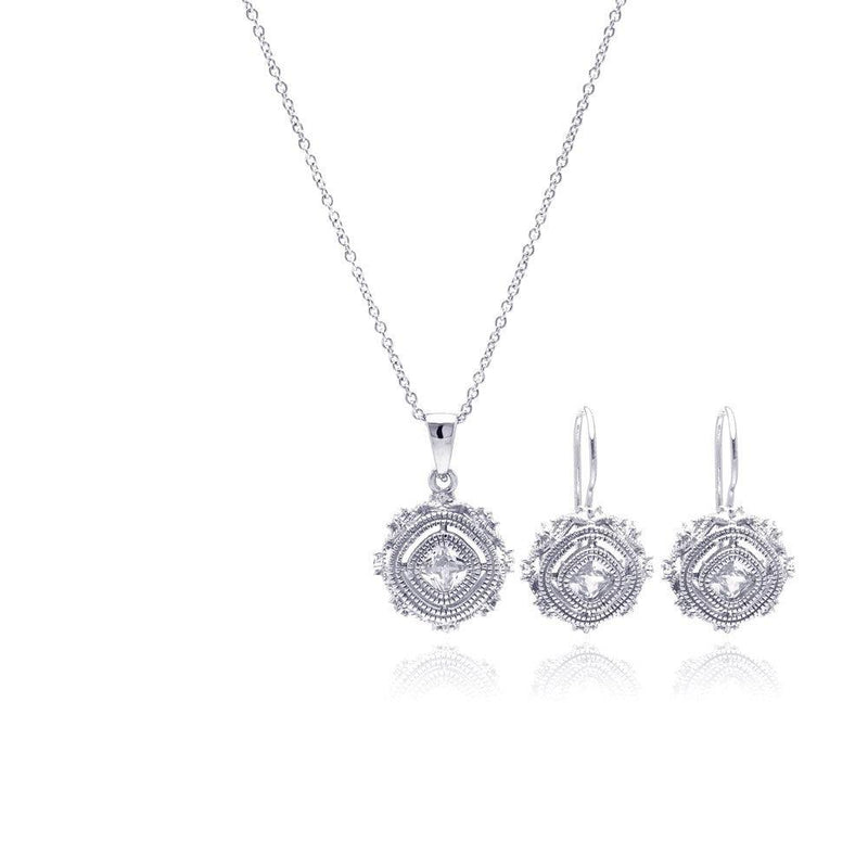 Silver 925 Rhodium Plated Antique Style Princess Cut CZ Hook Earring and Necklace Set - STS00348 | Silver Palace Inc.