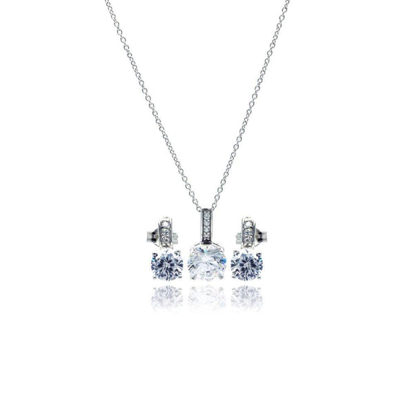 Silver 925 Rhodium Plated Round CZ Stud Earring and Necklace Set - STS00351 | Silver Palace Inc.